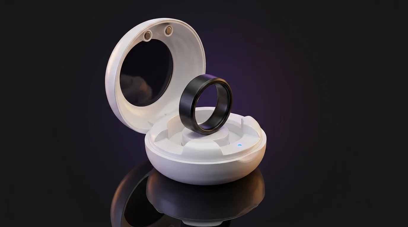 Midnight Black UbiRing resting in its open pearl-white charging case