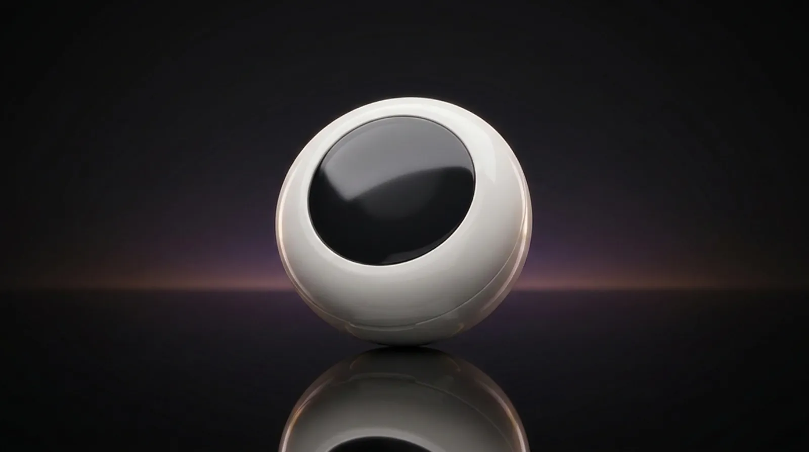 The closed pearl-white UbiRing charging case, a glossy orb with a dark glass window on its upper cover