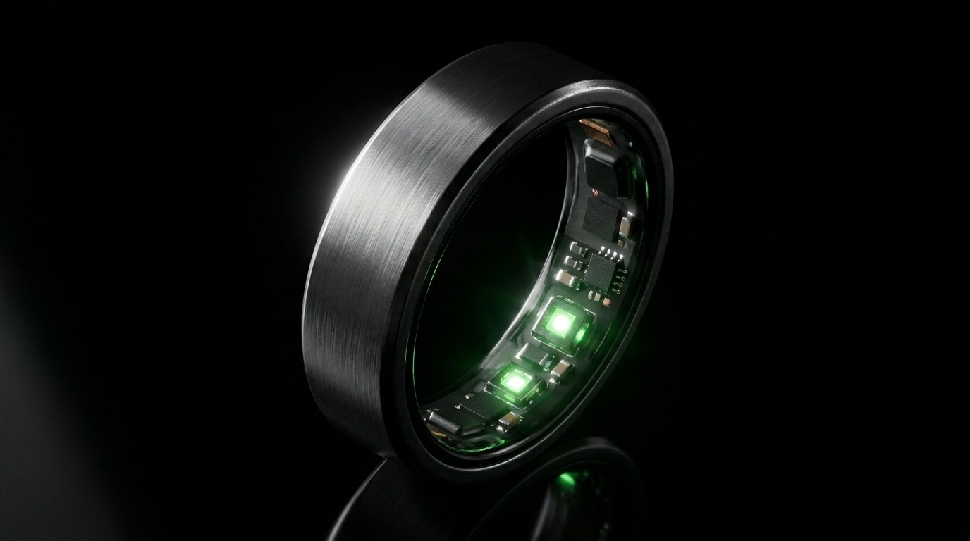Macro shot of the UbiRing brushed-titanium band
